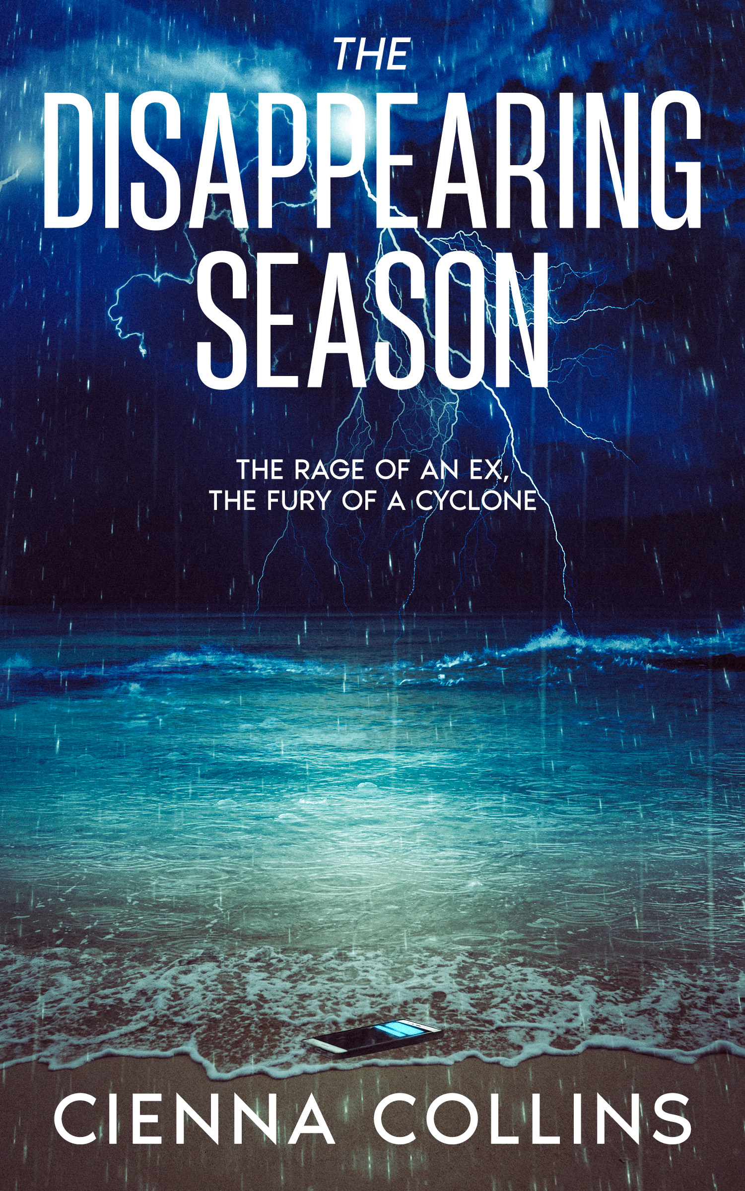 Book cover - The Disappearing Season by Cienna Collins. Features a stormy tropical sea at night, lit by lightning.